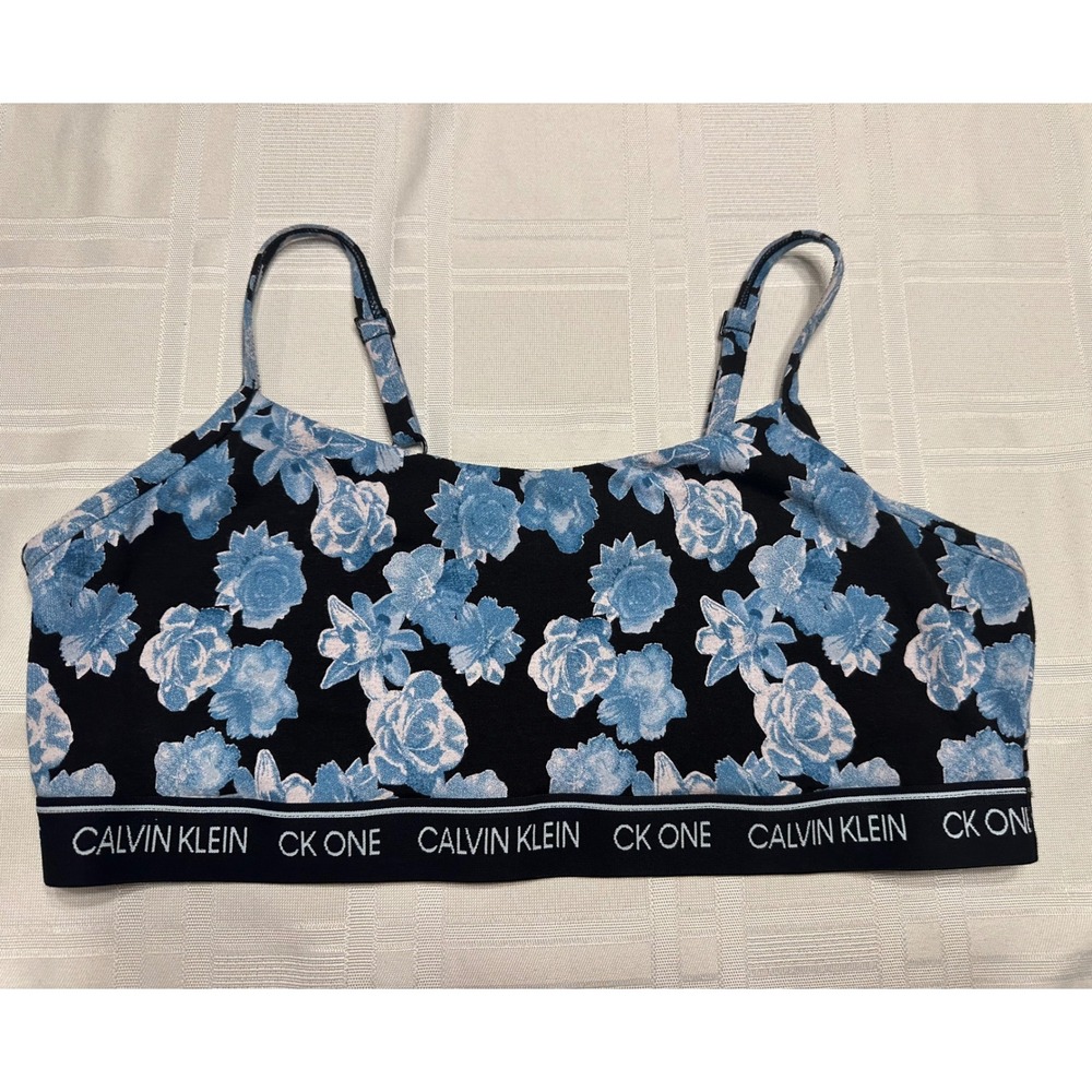 Calvin Klein Bralette Womens XL Black Blue CK One Floral Logo Elastic Band Bra